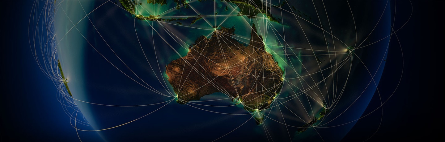 Australian continent seen from space with graphic showing trade connections between Australia and other countries