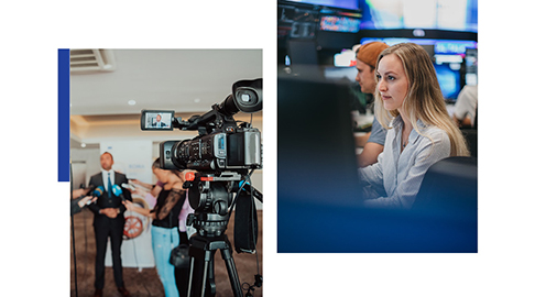 Two images side by side. First image shows person being interviewed on camera. Second image shows student using computer in Trading Room.
